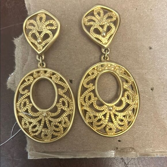 Gold Filigree Dangle Earrings with Vintage Scrollwork - Picture 1 of 5